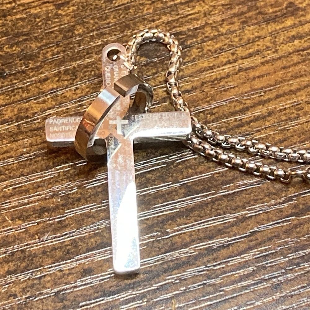 Cross Pendant Necklace 23.5in Stainless Steel Padre Nuestro Christian Religious